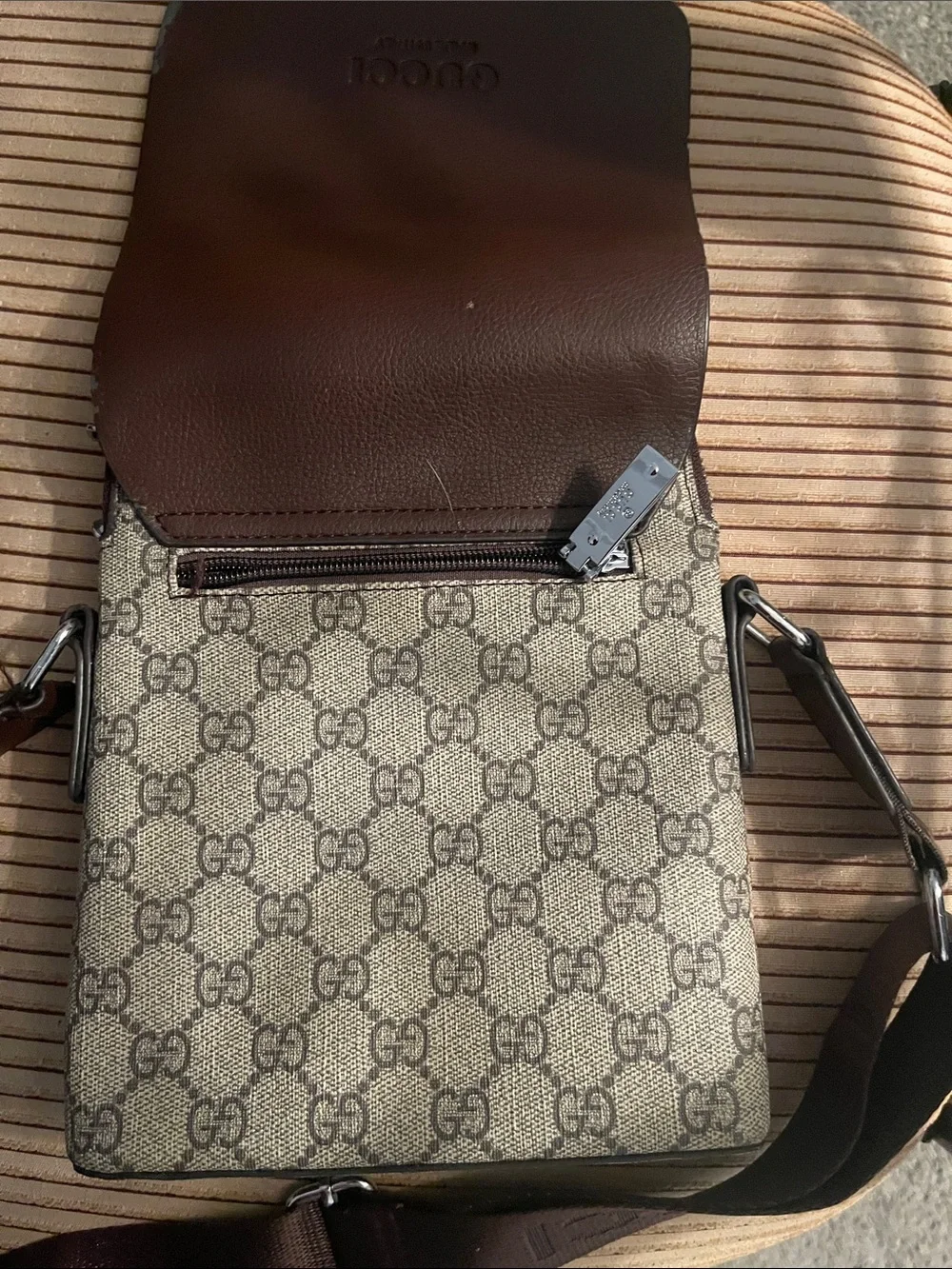 Gucci Brown GG Supreme Messenger Bag with Red-Blue Web Stripe